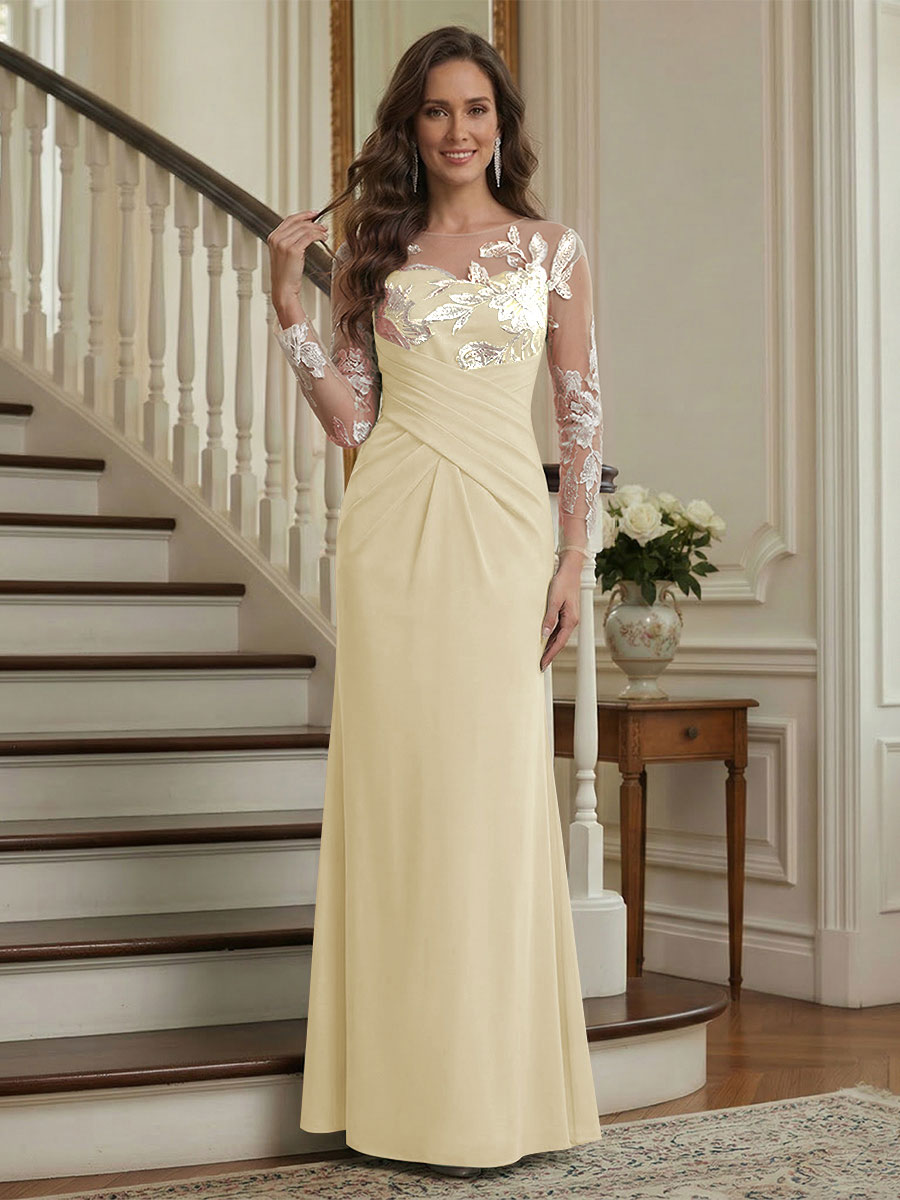 Trumpet/Mermaid Long Sleeves Scoop Floor-Length Mother of the Bride Dresses with Ruched & Embroidery