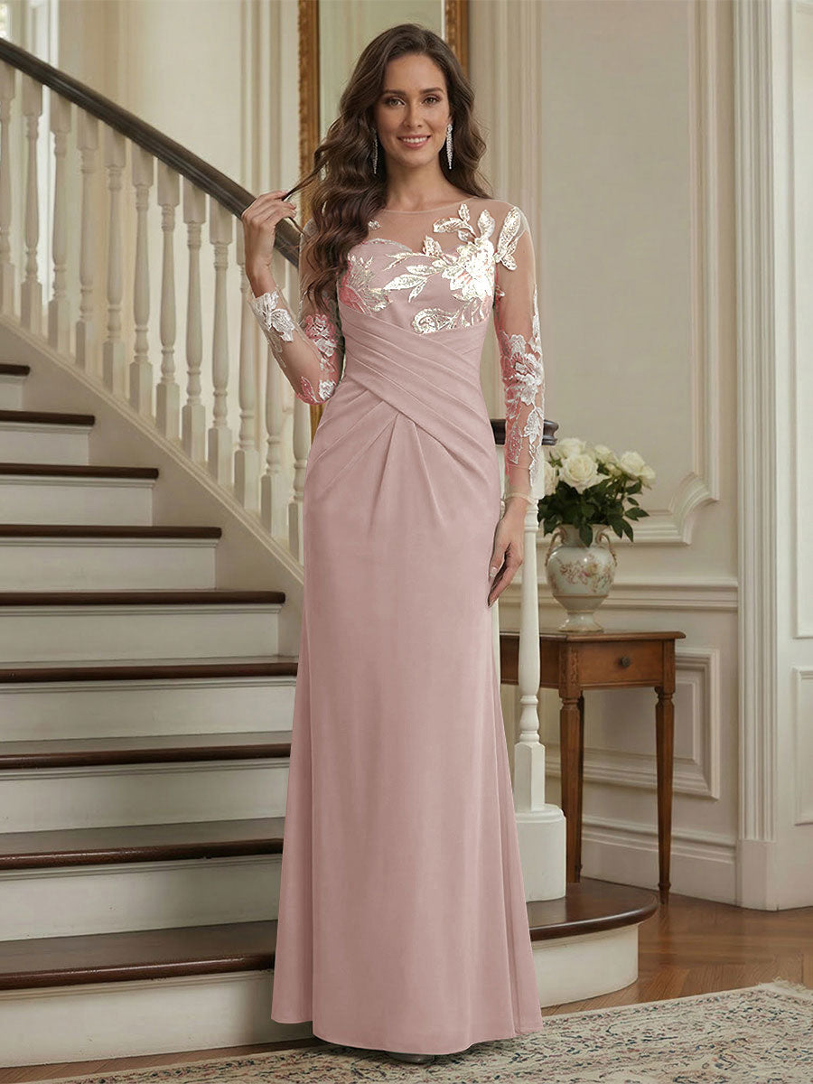 Trumpet/Mermaid Long Sleeves Scoop Floor-Length Mother of the Bride Dresses with Ruched &amp; Embroidery