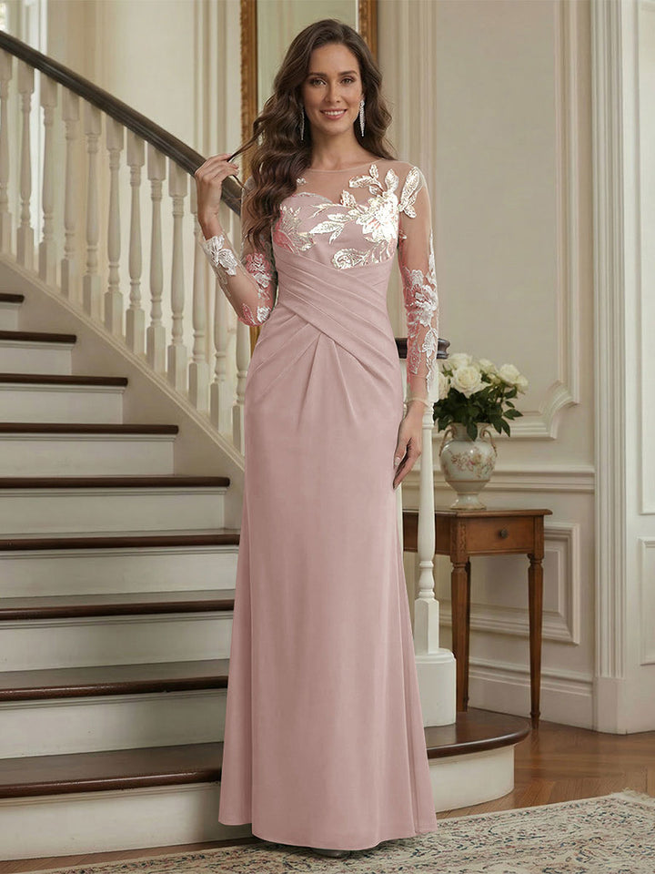 Trumpet/Mermaid Long Sleeves Scoop Floor-Length Mother of the Bride Dresses with Ruched &amp; Embroidery