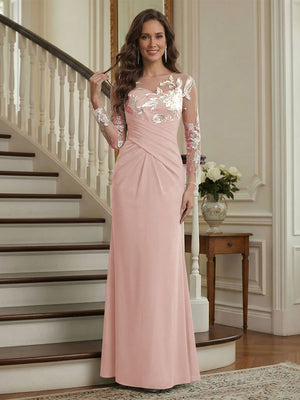 Trumpet/Mermaid Long Sleeves Scoop Floor-Length Mother of the Bride Dresses with Ruched & Embroidery