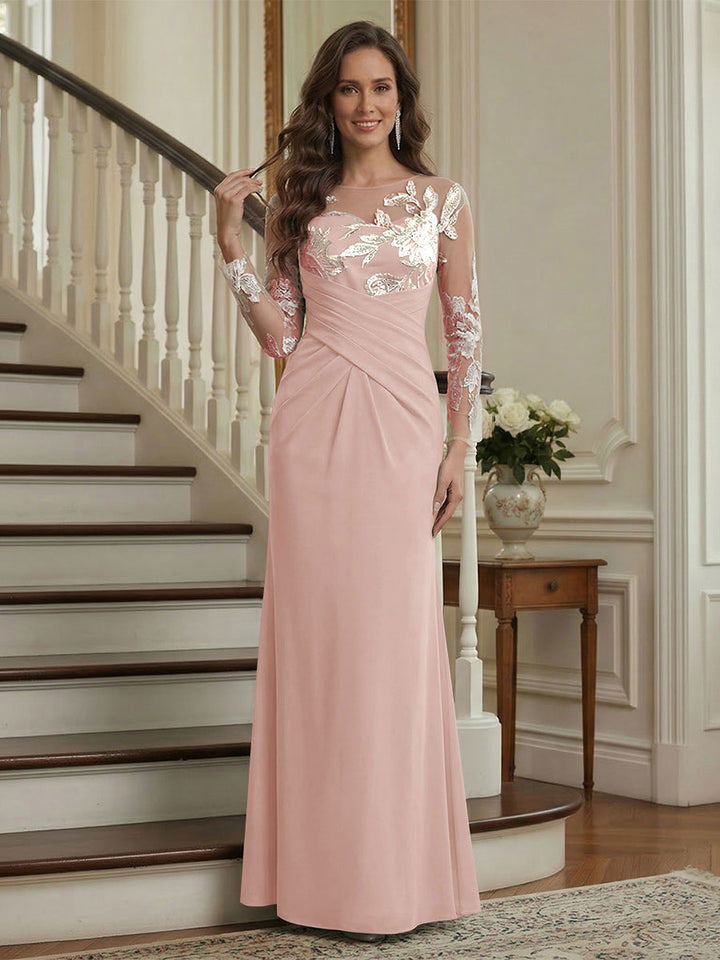 Trumpet/Mermaid Long Sleeves Scoop Floor-Length Mother of the Bride Dresses with Ruched &amp; Embroidery