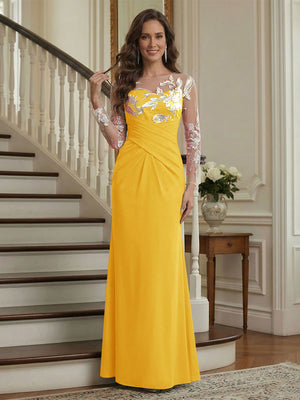 Trumpet/Mermaid Long Sleeves Scoop Floor-Length Mother of the Bride Dresses with Ruched & Embroidery