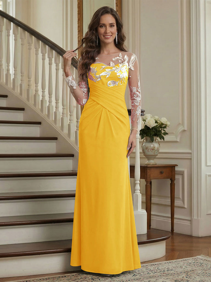 Trumpet/Mermaid Long Sleeves Scoop Floor-Length Mother of the Bride Dresses with Ruched &amp; Embroidery