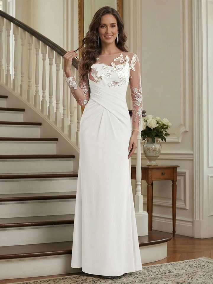 Trumpet/Mermaid Long Sleeves Scoop Floor-Length Mother of the Bride Dresses with Ruched &amp; Embroidery