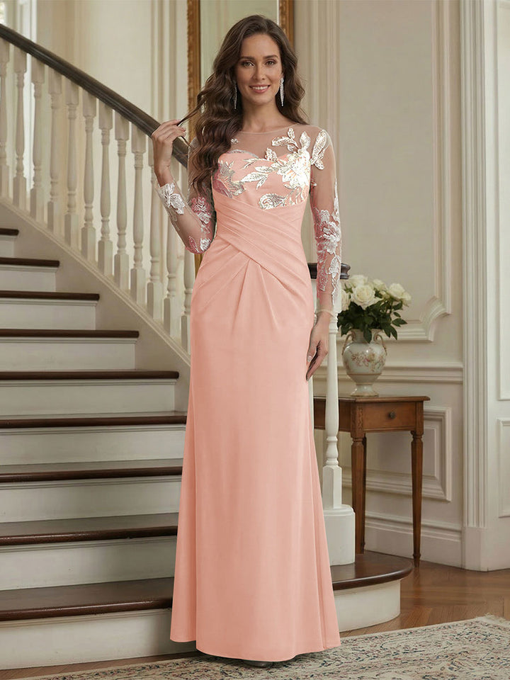 Trumpet/Mermaid Long Sleeves Scoop Floor-Length Mother of the Bride Dresses with Ruched &amp; Embroidery