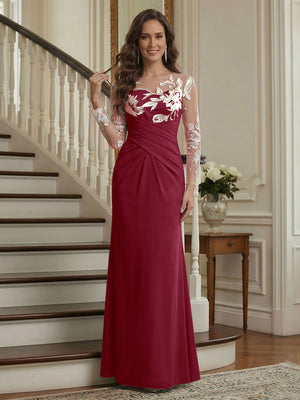 Trumpet/Mermaid Long Sleeves Scoop Floor-Length Mother of the Bride Dresses with Ruched & Embroidery