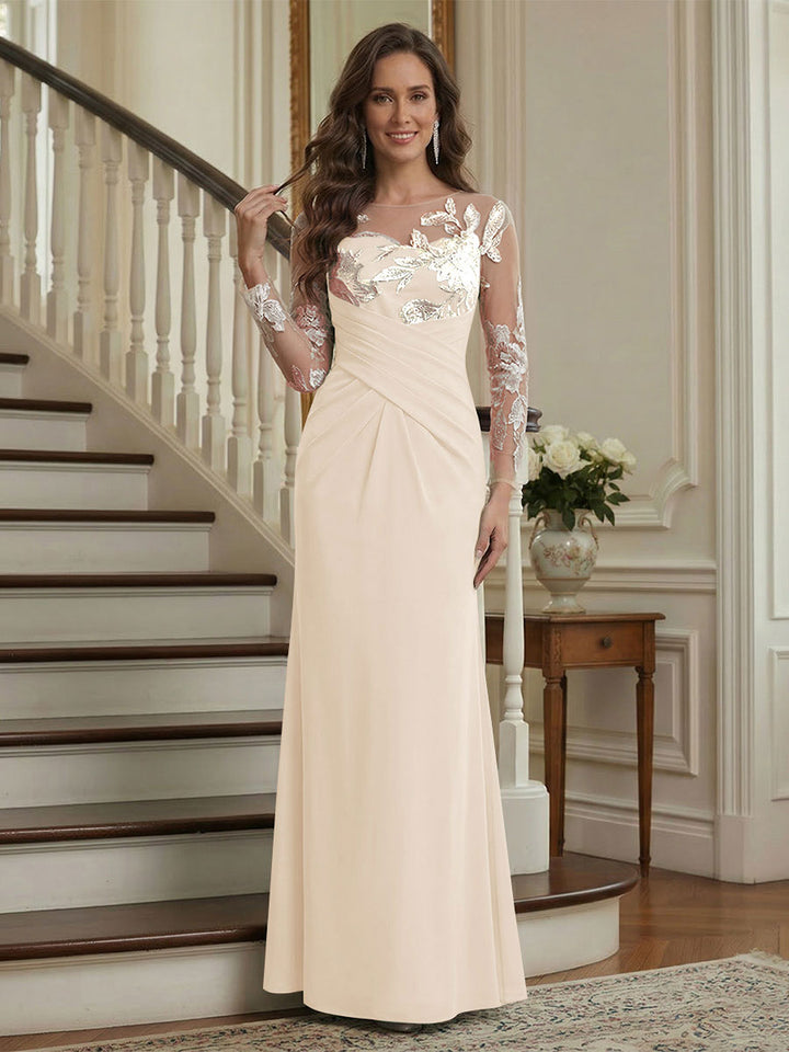Trumpet/Mermaid Long Sleeves Scoop Floor-Length Mother of the Bride Dresses with Ruched &amp; Embroidery
