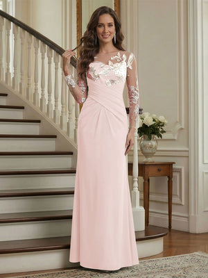 Trumpet/Mermaid Long Sleeves Scoop Floor-Length Mother of the Bride Dresses with Ruched & Embroidery