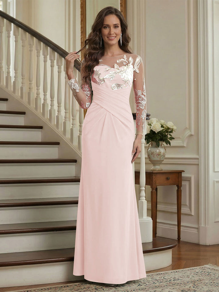 Trumpet/Mermaid Long Sleeves Scoop Floor-Length Mother of the Bride Dresses with Ruched &amp; Embroidery