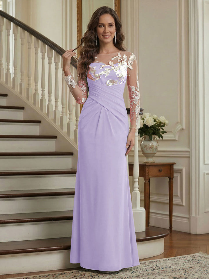 Trumpet/Mermaid Long Sleeves Scoop Floor-Length Mother of the Bride Dresses with Ruched &amp; Embroidery