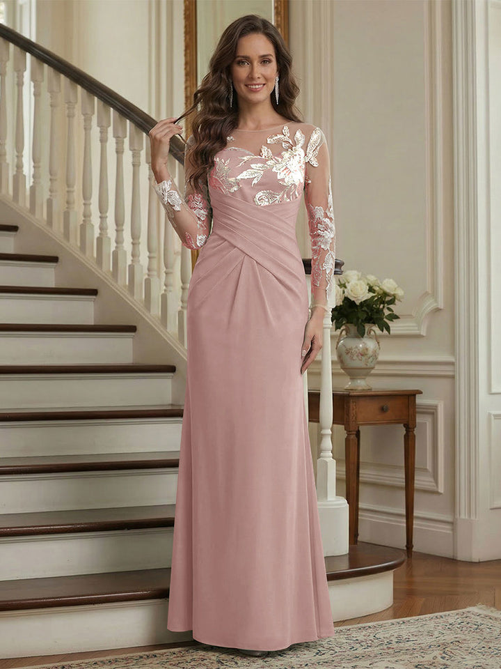 Trumpet/Mermaid Long Sleeves Scoop Floor-Length Mother of the Bride Dresses with Ruched &amp; Embroidery
