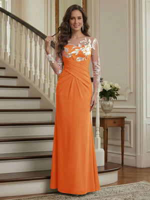 Trumpet/Mermaid Long Sleeves Scoop Floor-Length Mother of the Bride Dresses with Ruched & Embroidery