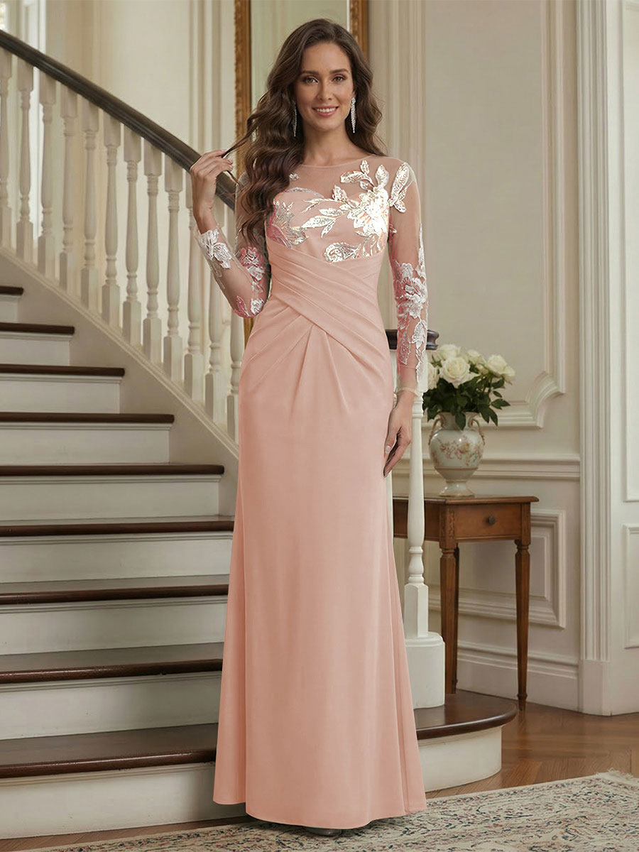 Trumpet/Mermaid Long Sleeves Scoop Floor-Length Mother of the Bride Dresses with Ruched &amp; Embroidery