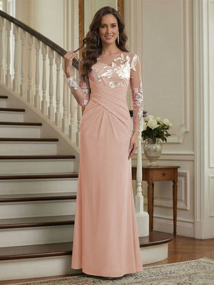 Trumpet/Mermaid Long Sleeves Scoop Floor-Length Mother of the Bride Dresses with Ruched & Embroidery