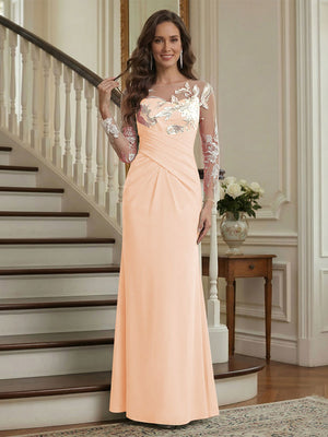 Trumpet/Mermaid Long Sleeves Scoop Floor-Length Mother of the Bride Dresses with Ruched & Embroidery