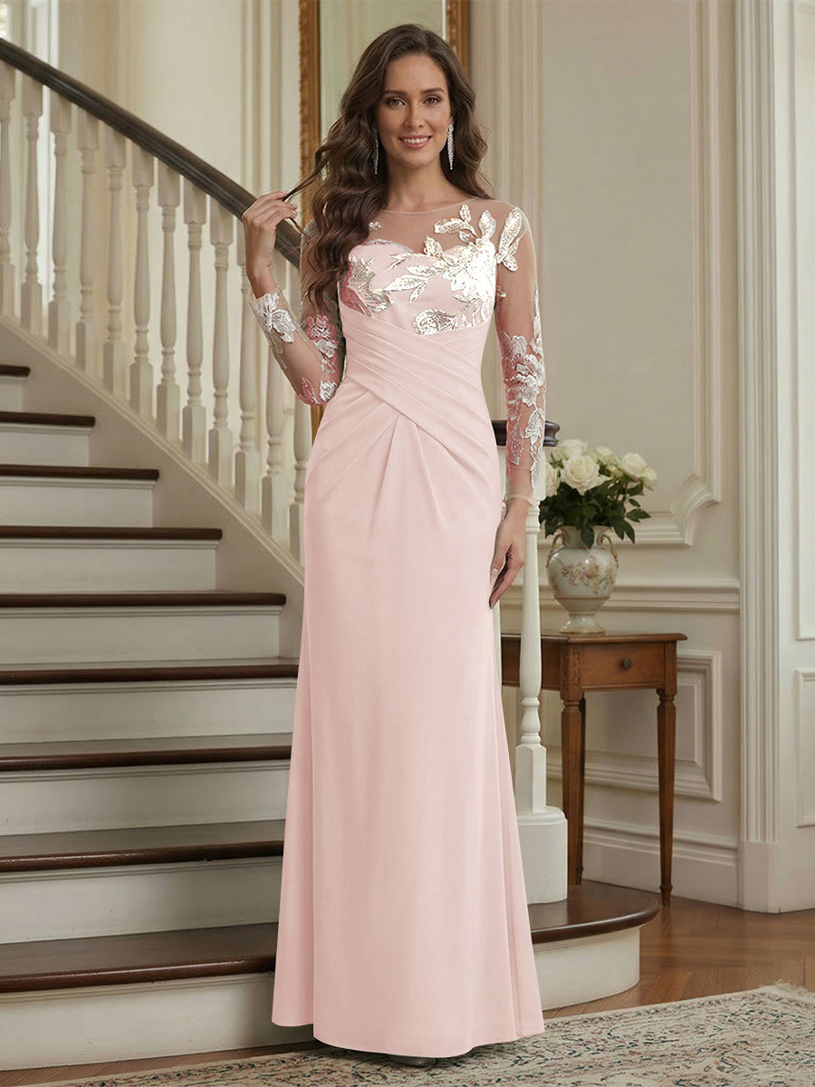 Trumpet/Mermaid Long Sleeves Scoop Floor-Length Mother of the Bride Dresses with Ruched &amp; Embroidery