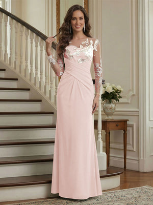 Trumpet/Mermaid Long Sleeves Scoop Floor-Length Mother of the Bride Dresses with Ruched & Embroidery