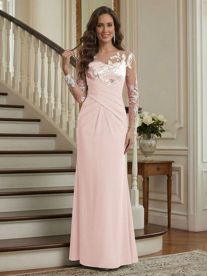 Trumpet/Mermaid Long Sleeves Scoop Floor-Length Mother of the Bride Dresses with Ruched &amp; Embroidery