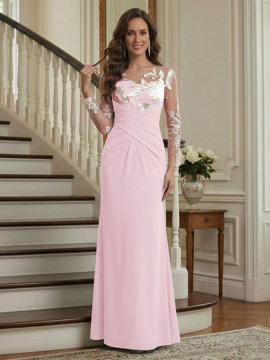 Trumpet/Mermaid Long Sleeves Scoop Floor-Length Mother of the Bride Dresses with Ruched &amp; Embroidery