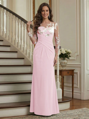 Trumpet/Mermaid Long Sleeves Scoop Floor-Length Mother of the Bride Dresses with Ruched & Embroidery