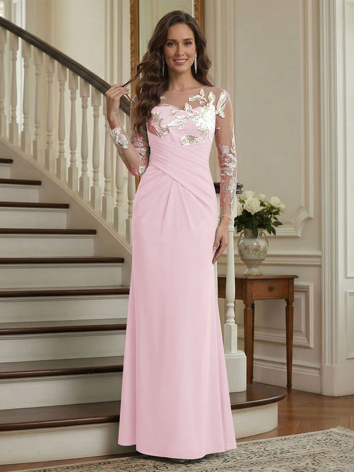 Trumpet/Mermaid Long Sleeves Scoop Floor-Length Mother of the Bride Dresses with Ruched &amp; Embroidery