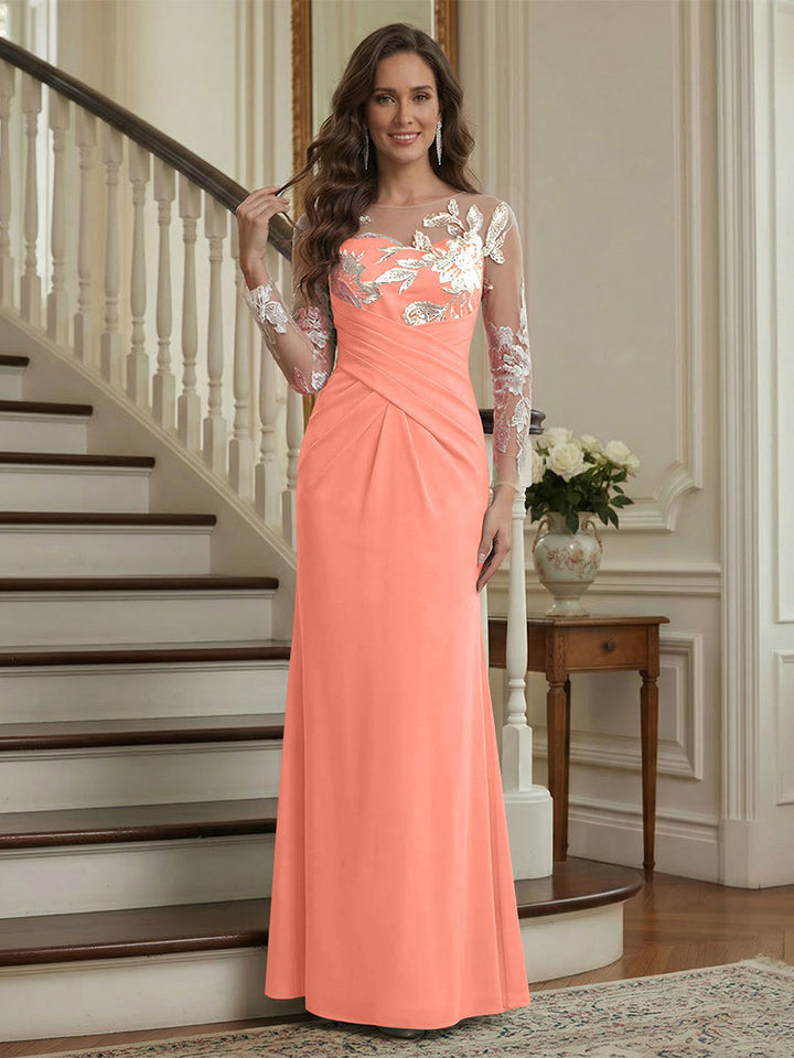 Trumpet/Mermaid Long Sleeves Scoop Floor-Length Mother of the Bride Dresses with Ruched &amp; Embroidery