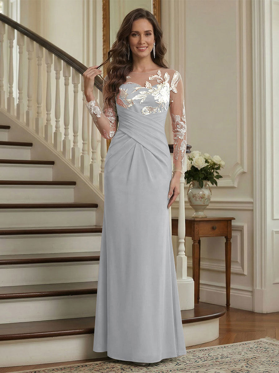 Trumpet/Mermaid Long Sleeves Scoop Floor-Length Mother of the Bride Dresses with Ruched &amp; Embroidery