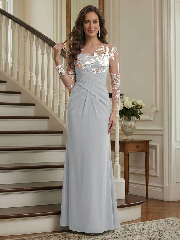 Trumpet/Mermaid Long Sleeves Scoop Floor-Length Mother of the Bride Dresses with Ruched &amp; Embroidery