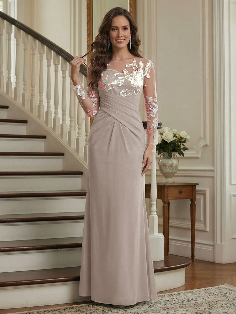 Trumpet/Mermaid Long Sleeves Scoop Floor-Length Mother of the Bride Dresses with Ruched &amp; Embroidery
