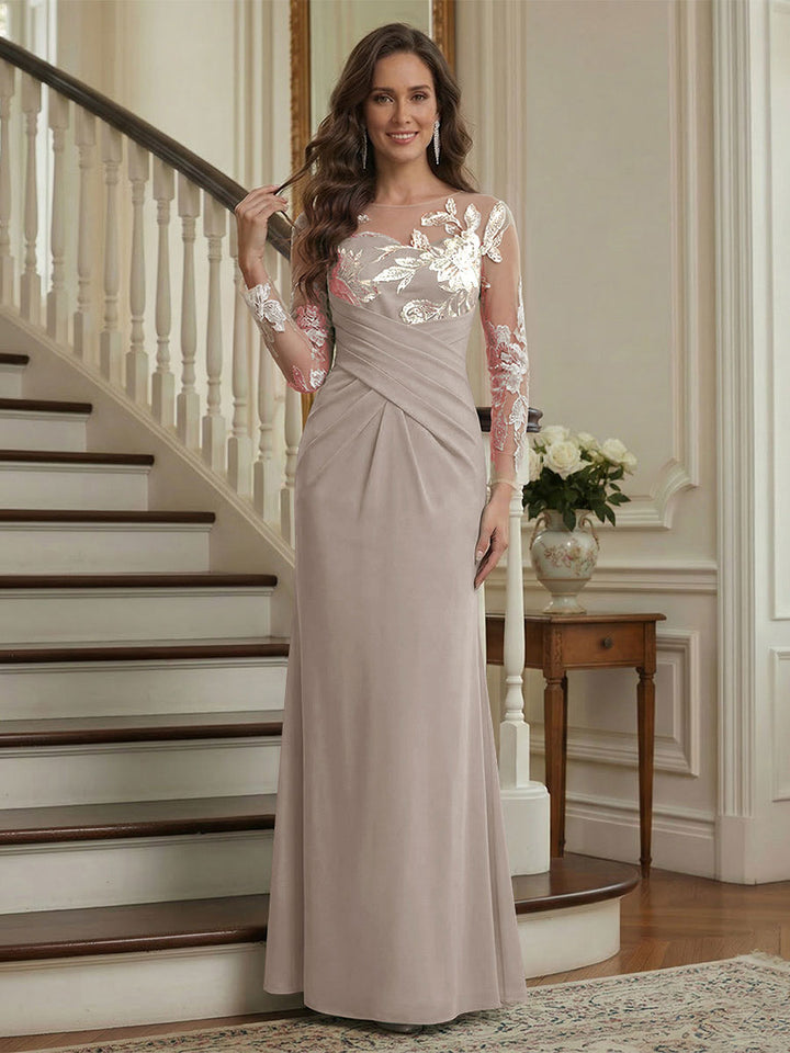 Trumpet/Mermaid Long Sleeves Scoop Floor-Length Mother of the Bride Dresses with Ruched &amp; Embroidery