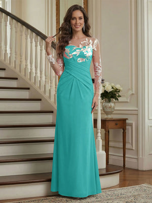 Trumpet/Mermaid Long Sleeves Scoop Floor-Length Mother of the Bride Dresses with Ruched & Embroidery