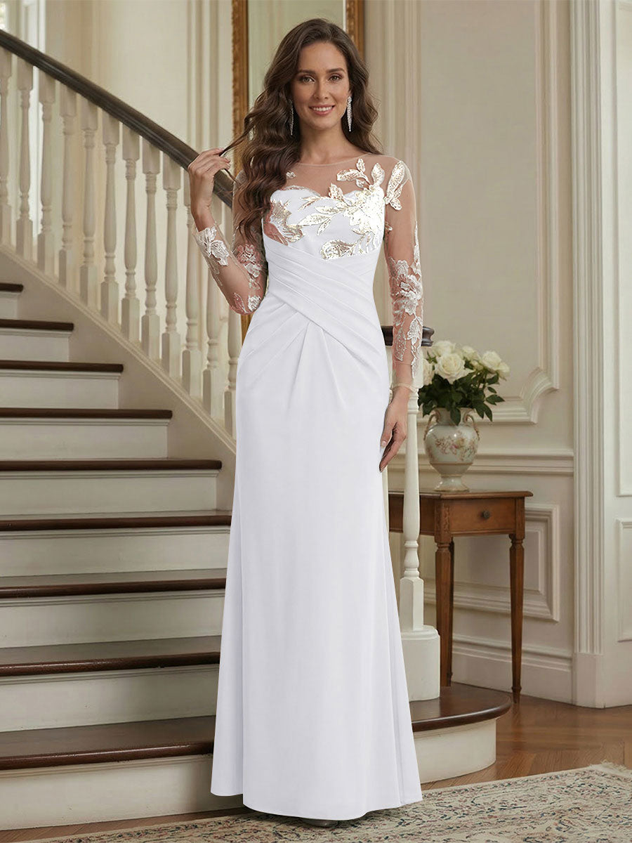Trumpet/Mermaid Long Sleeves Scoop Floor-Length Mother of the Bride Dresses with Ruched &amp; Embroidery