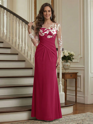 Trumpet/Mermaid Long Sleeves Scoop Floor-Length Mother of the Bride Dresses with Ruched & Embroidery