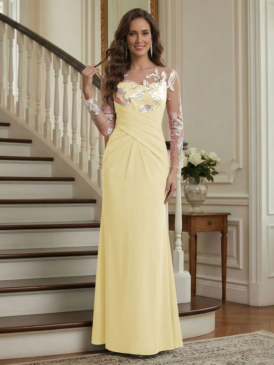 Trumpet/Mermaid Long Sleeves Scoop Floor-Length Mother of the Bride Dresses with Ruched &amp; Embroidery
