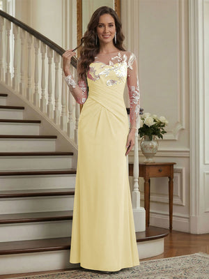 Trumpet/Mermaid Long Sleeves Scoop Floor-Length Mother of the Bride Dresses with Ruched & Embroidery
