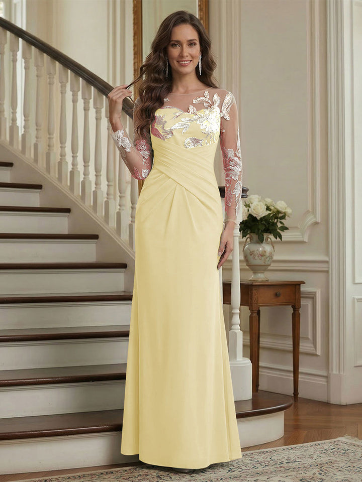 Trumpet/Mermaid Long Sleeves Scoop Floor-Length Mother of the Bride Dresses with Ruched &amp; Embroidery