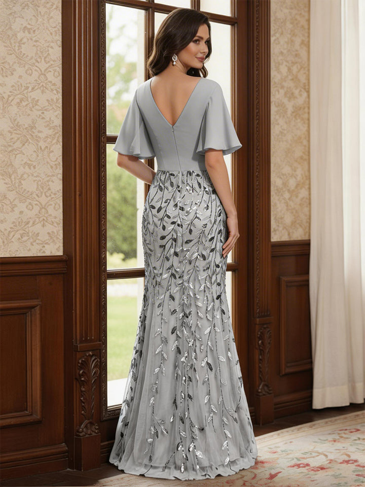 Trumpet/Mermaid V-Neck Half Sleeves Floor-Length Mother of the Bride Dresses with Appliques