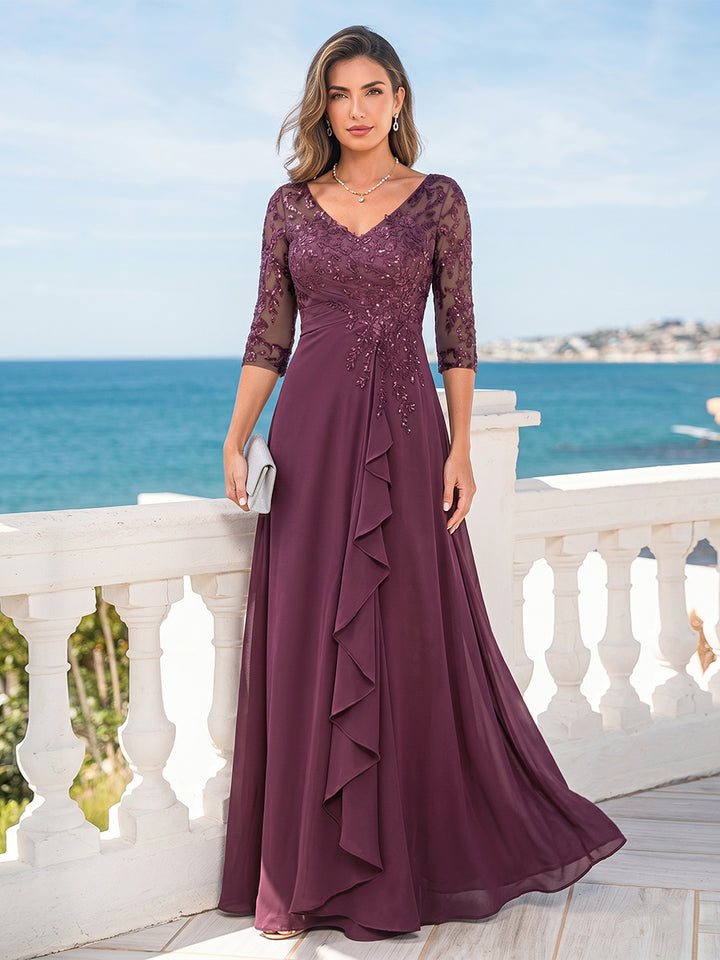 A-Line/Princess V-Neck Half Sleeves Mother of the Bride Dresses with Appliques &amp; Ruffles