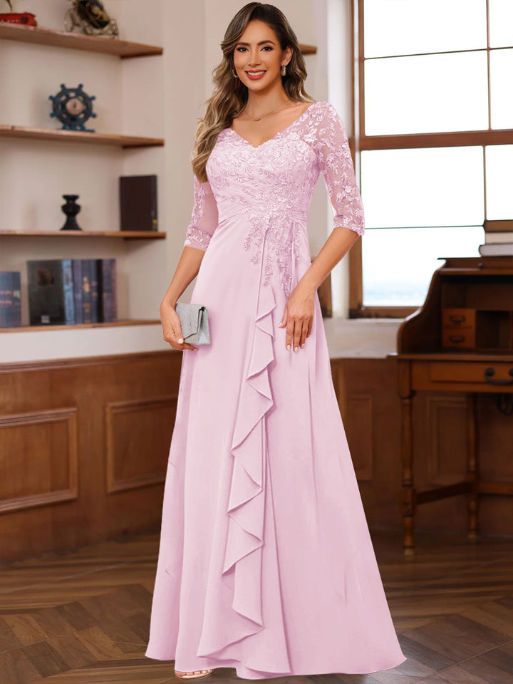 A-Line/Princess V-Neck Half Sleeves Mother of the Bride Dresses with Appliques &amp; Ruffles