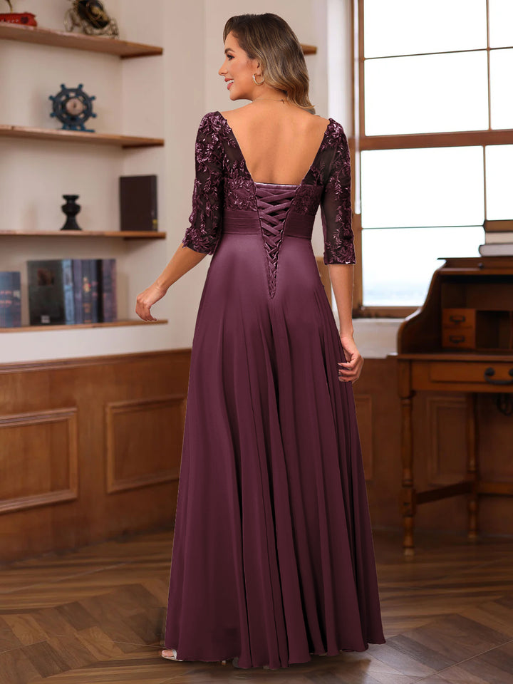 A-Line/Princess V-Neck Half Sleeves Mother of the Bride Dresses with Appliques &amp; Ruffles