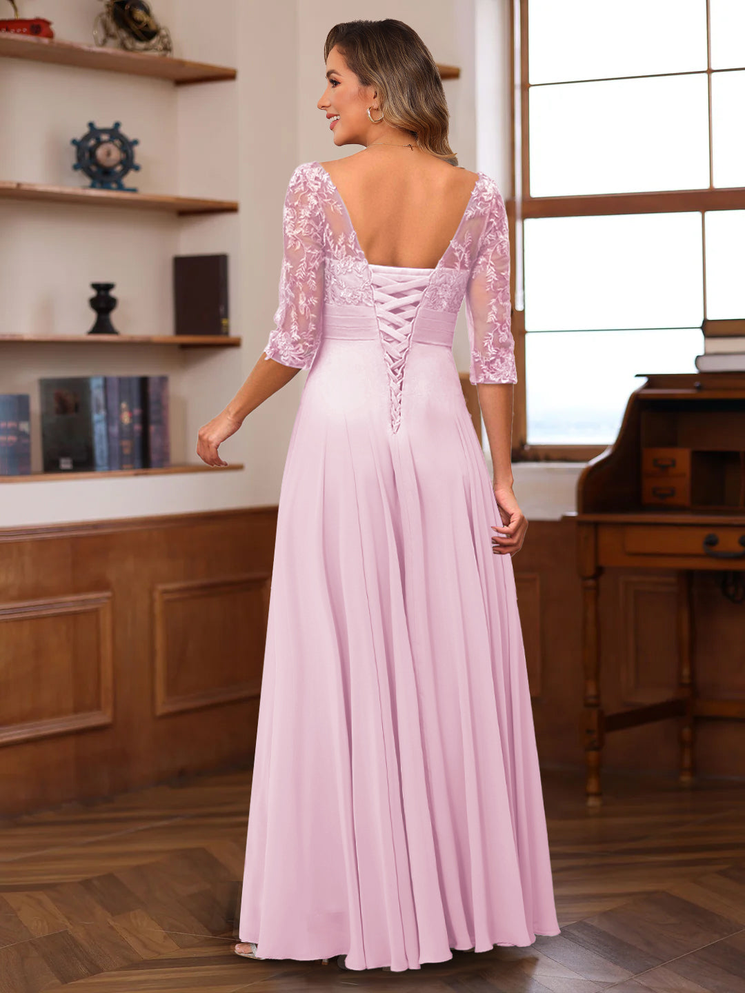 A-Line/Princess V-Neck Half Sleeves Mother of the Bride Dresses with Appliques &amp; Ruffles