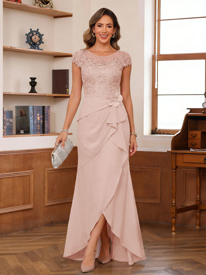 Sheath/Column Scoop Short Sleeves Mother of the Bride Dresses With Lace &amp; 3D Floral