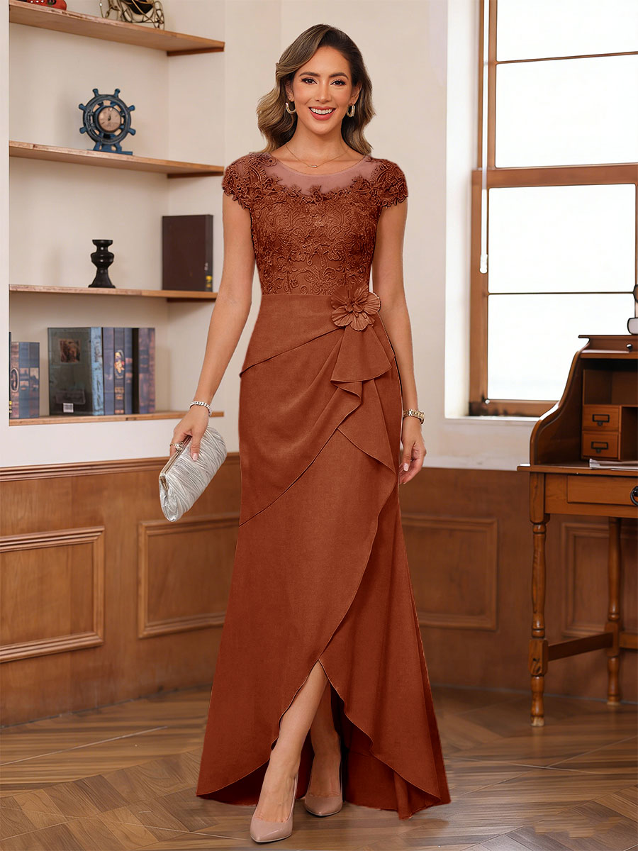Sheath/Column Scoop Short Sleeves Mother of the Bride Dresses With Lace &amp; 3D Floral