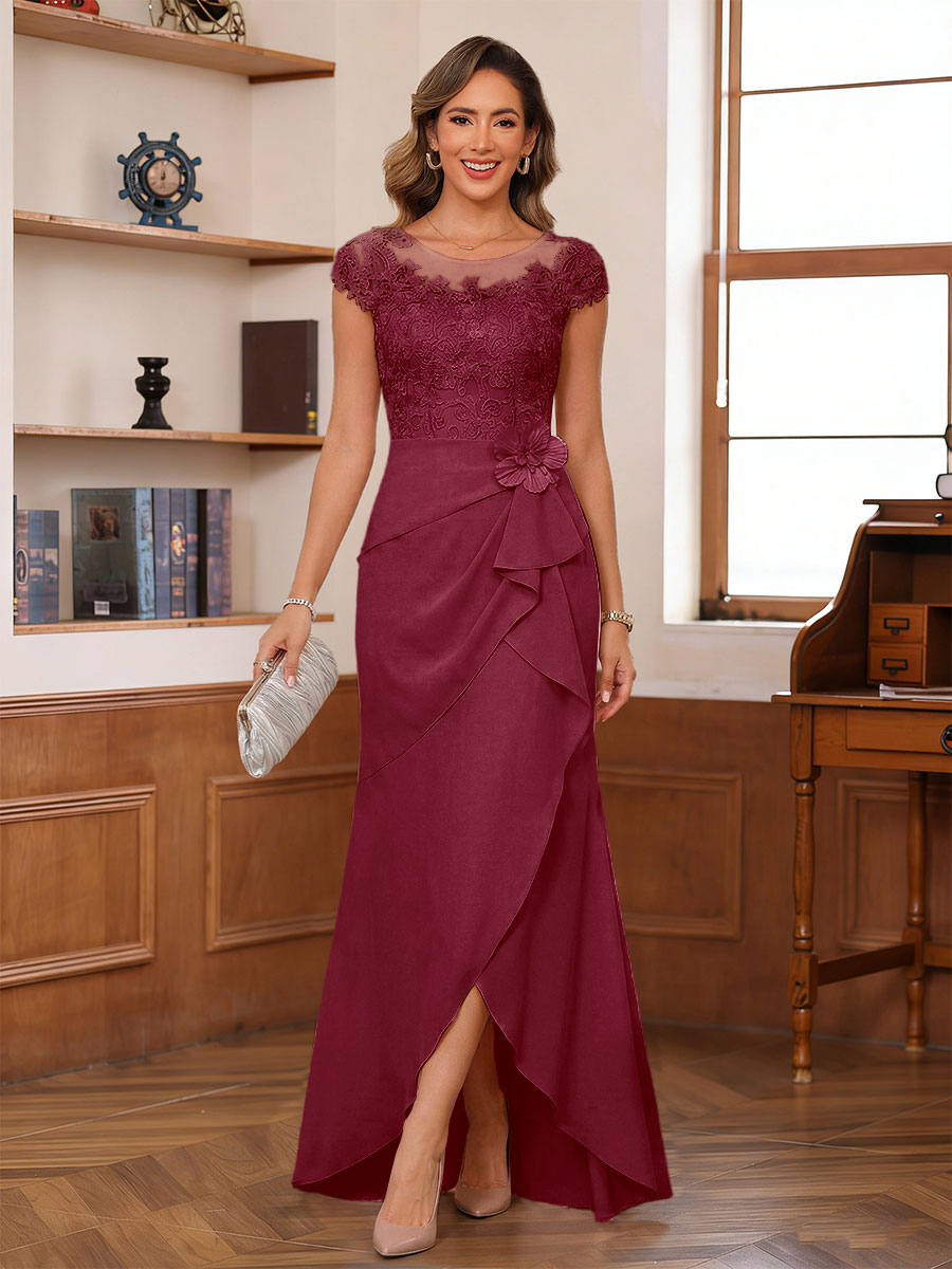 Sheath/Column Scoop Short Sleeves Mother of the Bride Dresses With Lace &amp; 3D Floral