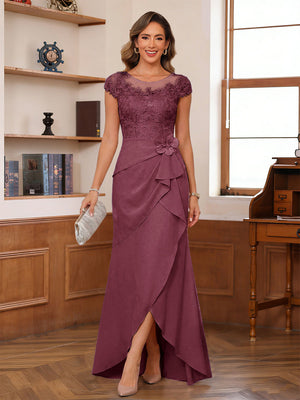 Sheath/Column Scoop Short Sleeves Mother of the Bride Dresses With Lace & 3D Floral