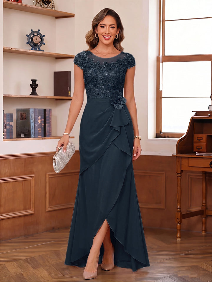 Sheath/Column Scoop Short Sleeves Mother of the Bride Dresses With Lace &amp; 3D Floral