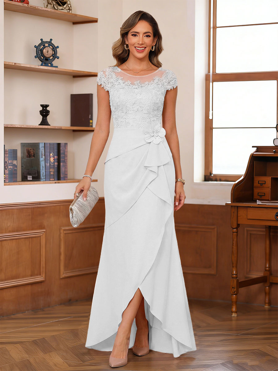 Sheath/Column Scoop Short Sleeves Mother of the Bride Dresses With Lace &amp; 3D Floral