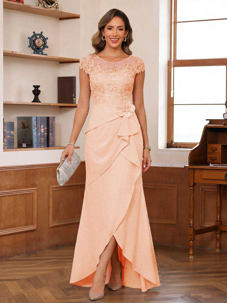 Sheath/Column Scoop Short Sleeves Mother of the Bride Dresses With Lace &amp; 3D Floral