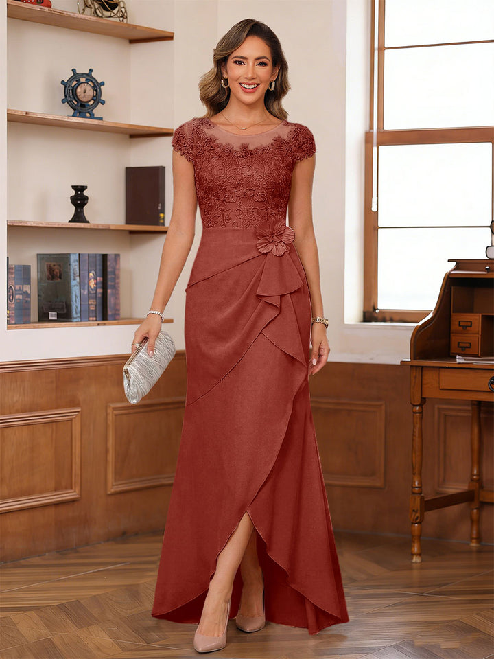 Sheath/Column Scoop Short Sleeves Mother of the Bride Dresses With Lace &amp; 3D Floral