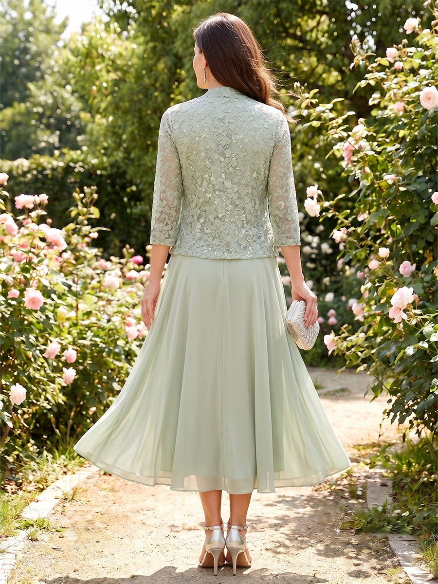 A-Line/Princess Scoop 3/4 Sleeves Tea-Length Mother of the Bride Dresses with Applique &amp; Jacket